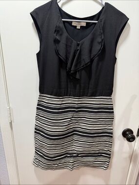 LOFT Black Top with Black & White Striped Midi Skirt Dress